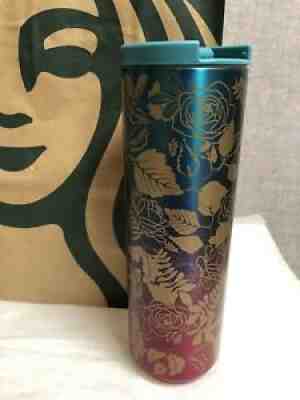 Starbucks Gold Floral Pinkish Red -Teal Stainless Steel Tumbler 16 Oz 2020. - Sold on eBay Jun 29, 2021 for $34.95