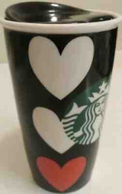 Starbucks White Hearts Black Ceramic Traveler Tumbler Mug 12 oz. - Sold on eBay Aug 11, 2021 for $31.99