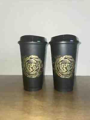 Two Starbucks Fall 2021 Black Reusable Hot Cup Gold Rose Grande 16oz Ships Today - Sold on eBay Sep 10, 2021 for $14.44