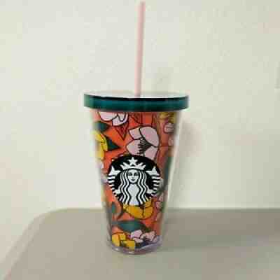 STARBUCKS Acrylic GRANDE Cold Cup Tumbler POPPY FLOWERS Red Yellow Orange 16 Oz.