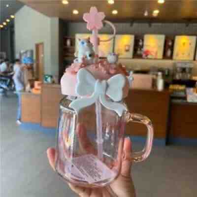 Starbucks Pink Sakura Cat Straw Cup W/ Cherry Blossom Topper Water Glass Tumbler - Sold on eBay Aug 13, 2021 for $27.00