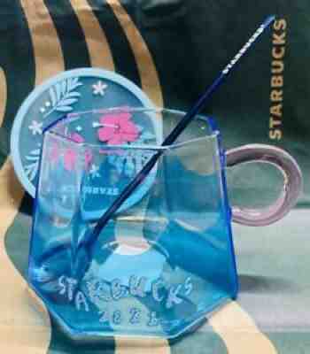2021 Starbucks Japan Creative Fuji Glass cup w/ spoon Sakura Coaster Coffee mugs - Sold on eBay Sep 10, 2021 for $28.99