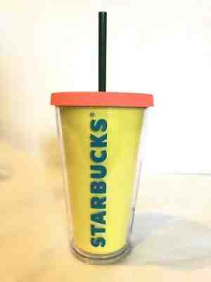 Starbucks Yellow Tumbler With Blue Writing And Pink/coral Lid 16oz 2014 - Sold on eBay Jun 24, 2021 for $20.00