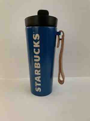 STARBUCKS BLUE VACUUM STAINLESS STEEL TUMBLER LEATHER STRAP HANDLE 16 OZ THERMOS - Sold on eBay Jul 25, 2021 for $21.99