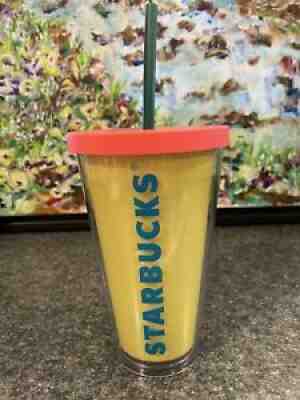 STARBUCKS BLUE LETTER 16 OZ COLD CUP DOUBLE WALLED YELLOW TUMBLER PINK LID 2014! - Sold on eBay Jul 31, 2021 for $19.99