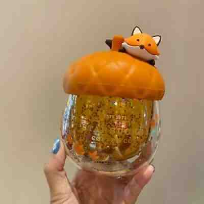 !!!Starbucks 2021 China Autumn Forest Glitter Double Glass Cup Acorn Fox Lid 8oz - Sold on eBay Sep 12, 2021 for $46.00