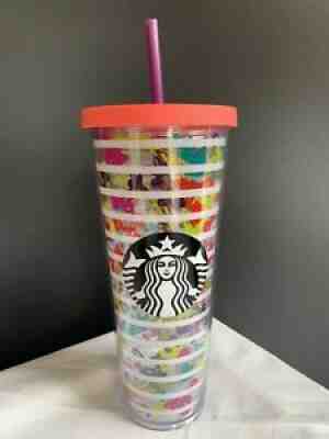 HTF NEW Starbucks 24oz Venti Cold Tumbler Striped Flower Floral