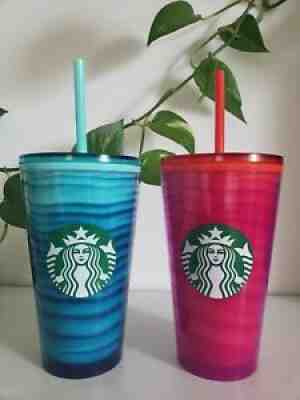 Starbucks 2021 Summer 2 Acrylic Wave Blue and Pink 16 Oz Cold Cup Tumbler - Sold on eBay Aug 24, 2021 for $19.99