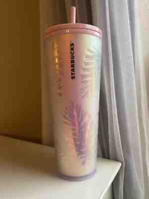 Starbucks Ltd Holographic Iridescent Palm Leaf Pine Cone PINK Tumbler 24oz HTF