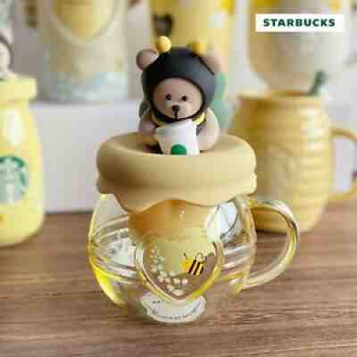 NEW Starbucks Lovely Yellow Bee Glass Cup W/lid Strainer Coffee Mug Honey Pot