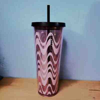 Starbucks Pink Wavy Stripe Venti 24oz Tumbler w/ Black Lid & Straw RARE - Sold on eBay Aug 19, 2021 for $39.96