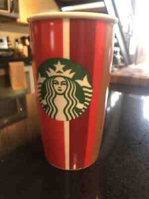 Starbucks coffee travel mug ceramic 12 oz red white and burgundy striped - Sold on eBay Sep 20, 2021 for $5.00