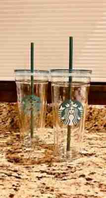 SET of TWO Starbucks Venti 20 oz Clear Glass Double Walled Tumbler w/Straw & Lid - Sold on eBay Sep 05, 2021 for $75.00