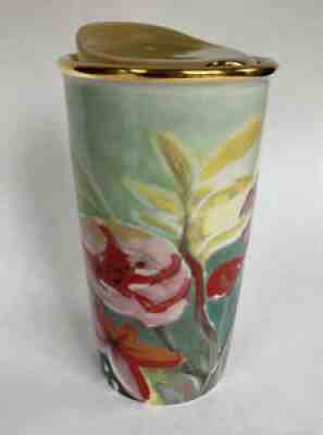 Starbucks 2015 Watercolor Floral Red Gold Ceramic Travel Mug w/ Lid 10oz - Sold on eBay Sep 21, 2021 for $20.99