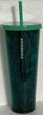 STARBUCKS 24 Oz. Acrylic VENTI Cold Cup Tumbler TROPICAL FLOWERS BLUE TEAL VINE