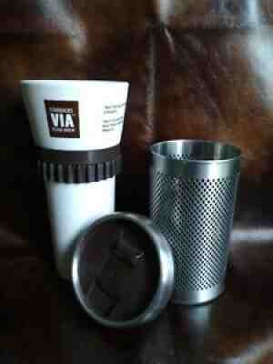 2010 Starbucks Coffee VIA ready brew ceramic & metal travel tumbler mug 16 oz - Sold on eBay Aug 13, 2021 for $15.47