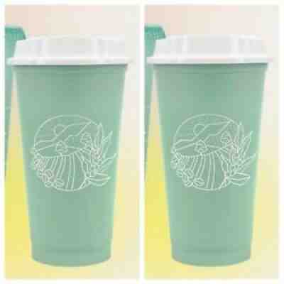 2 Starbucks Green Reusable Plastic Cups W/lids Mint Earth Day 2021 NEW - Sold on eBay Sep 07, 2021 for $10.00