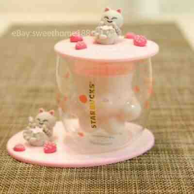 Starbucks Cat's Paw Sakura Glass Mug Cup Pink strawberry cat coaster & Lid Set - Sold on eBay Aug 25, 2021 for $36.99