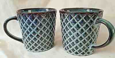 2 Large Starbucks 2007 Blue/Green Diamond Cut/Quilted Coffee Mug 16oz Brown Rim - Sold on eBay Jun 30, 2021 for $20.77