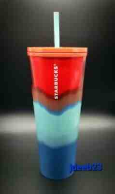 Starbucks 2021 Summer 2 Red Blue Teal Tie-Dye Wave 24 oz Venti Tumbler Cold Cup - Sold on eBay Aug 23, 2021 for $30.88