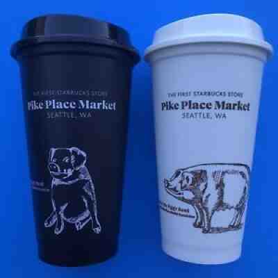 2 Starbucks Reusable 16 Fl Oz Hot Cups w / Lids Pike Place Market Pigs BPA Free - Sold on eBay Sep 19, 2021 for $12.00