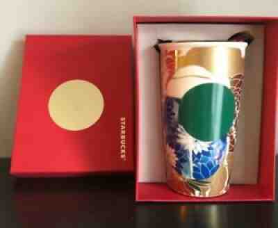 Starbucks Double Wall Ceramic Mug: Gold Metallic Floral Design with Green Dot - Sold on eBay Sep 06, 2021 for $24.99