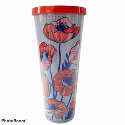 STARBUCKS Venti POPPY Floral TUMBLER Cold Cup 24oz Coral & Blue, Tag, NO STRAW - Sold on eBay Aug 08, 2021 for $44.00