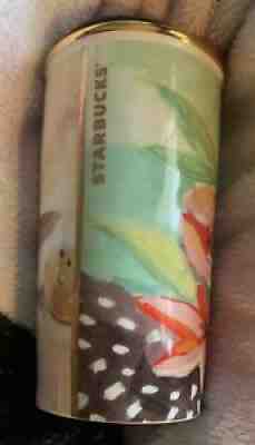 Starbucks 2014 Watercolor Floral 10 oz Ceramic Traveler Tumbler Gold Rim Red Lid - Sold on eBay Aug 21, 2021 for $12.88