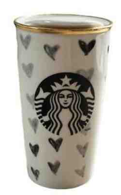 Starbucks Ceramic Travel Tumbler & Lid 2014 Black Heart Gold Rim Coffee Cup 12oz - Sold on eBay Aug 02, 2021 for $31.99