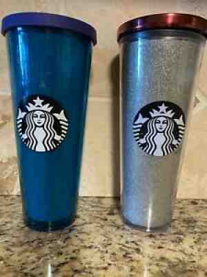 Starbucks Double Wall Venti Cold Cup Tumblers 24 oz Silver Glitter and Teal Blue - Sold on eBay Sep 26, 2021 for $29.00