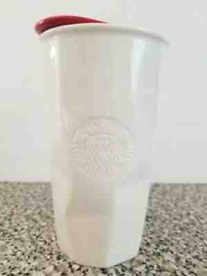 Starbucks Ceramic Travel Coffee Mug Tumbler White Geometric W/ Red Lid 2013 - Sold on eBay Sep 04, 2021 for $10.00