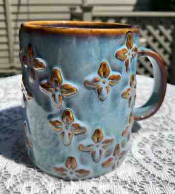 STARBUCKS 2008 Embossed Flowers CERAMIC Stoneware BLUE Drip Glaze MUG 16 oz - Sold on eBay Aug 19, 2021 for $24.00