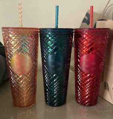 Starbucks 2021 Winter Holiday Jeweled Tumbler Cold Cup 24oz SET OF THREE Venti - Sold on eBay Nov 06, 2021 for $105.00