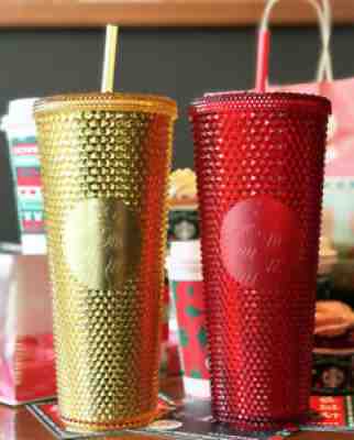China Starbucks Tumbler Christmas Red& Gold Bling Diamond Studded 24oz Straw Cup - Sold on eBay Aug 18, 2021 for $89.00
