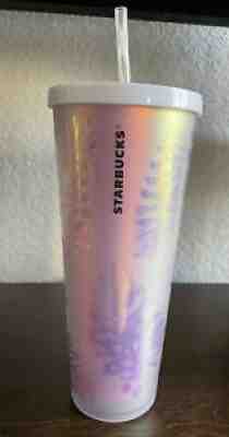 Starbucks Holographic Iridescent Palm Leaf Pinecone PINK Tumbler 24oz USED 2019 - Sold on eBay Nov 11, 2021 for $195.00