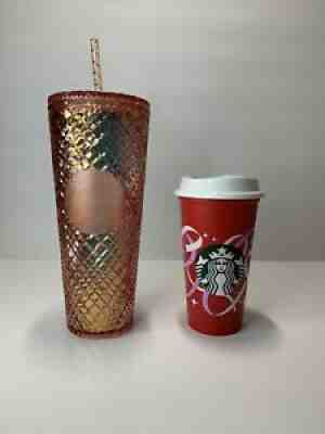 Starbucks Christmas 2021 Rose Gold 24oz Jeweled Cold Cup & 16oz Holiday Hot Cup - Sold on eBay Nov 12, 2021 for $49.99