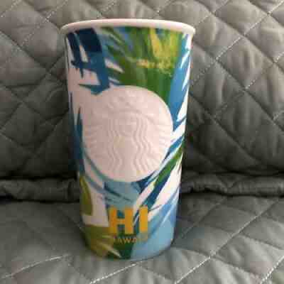 STARBUCKS 2016 Hawaii 12 oz Ceramic Tumbler Travel Mug with Lid Blue Green Palms - Sold on eBay Oct 11, 2021 for $25.00