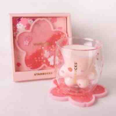 NEW HOT Starbucks Lovely Cat's Paw Sakura Double Glass W/ Pink Sand Coaster Cups - Sold on eBay Sep 09, 2021 for $31.46