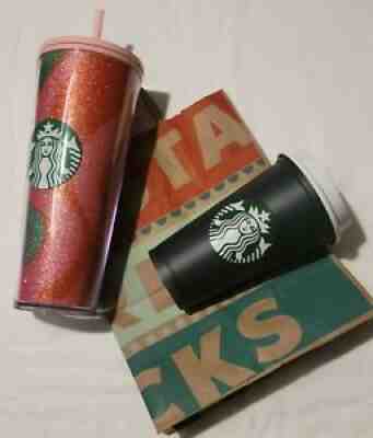 NEW Starbucks 2020 Holiday Pink Swirl Glitter Tumbler- Green Hot/Cold Cup - Sold on eBay Sep 24, 2021 for $29.95