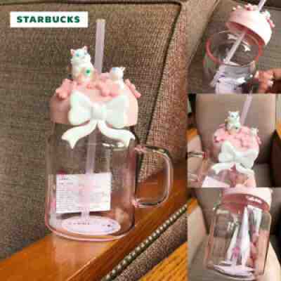 HOT Starbucks Pink Sakura Cat Straw Cup Glass Bottles With Cherry Blossom Topper - Sold on eBay Nov 06, 2021 for $28.99