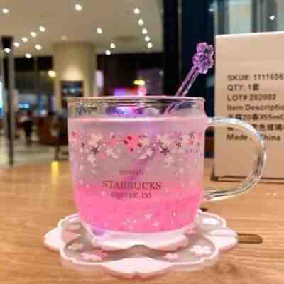 NEW Starbucks Glass Cup Color-changing Pink Sakura Coffee Mug W/ Coaster&Rod HOT - Sold on eBay Oct 06, 2021 for $24.99