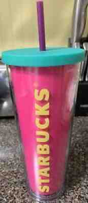 RARE Starbucks Logo Hot Pink, Yellow & Green Tumbler 24 oz.Venti Cup, W/ STRAW - Sold on eBay Aug 22, 2021 for $18.00