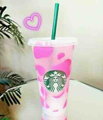 STARBUCKS Custom Hot Pink Reusable Cold Cup Tumbler 24oz -Cow Print Close Out ! - Sold on eBay Nov 16, 2021 for $10.99