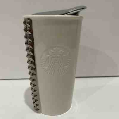 STARBUCKS - 2014 White Ceramic Silver Studded Travel Tumbler Coffee Mug Lid - Sold on eBay Nov 07, 2021 for $24.99