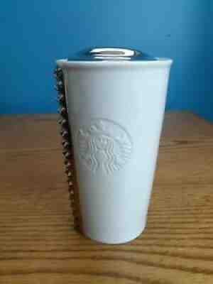 Starbucks 2014 White Ceramic Silver Studded Travel Tumbler Mug w/Silver Lid - Sold on eBay Nov 07, 2021 for $24.95