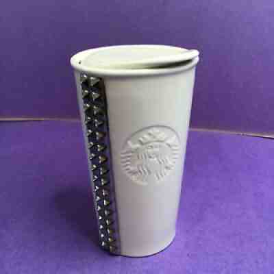 Starbucks White Ceramic Silver Studded Travel Tumbler Mug 10 oz w/Lid 2014 - Sold on eBay Aug 25, 2021 for $19.97