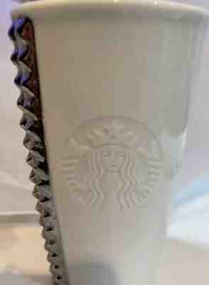 Starbucks White Ceramic Silver Studded Travel Tumbler Mug 10 oz w/Lid 2014 - Sold on eBay Aug 21, 2021 for $17.00