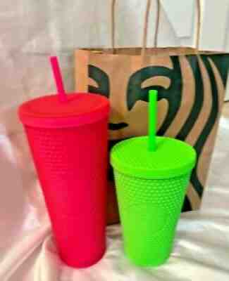 Starbucks Fall 2021 Neon Pink Tumbler 24oz & Neon Green 16oz Studded Cold Cup! - Sold on eBay Aug 26, 2021 for $89.00