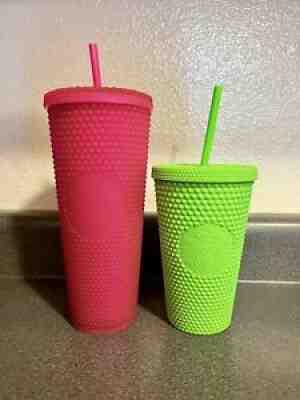 NEW Starbucks 2021 Matte Neon Pink & Green Studded Tumbler Cup 24oz & 16oz Set - Sold on eBay Sep 13, 2021 for $85.00