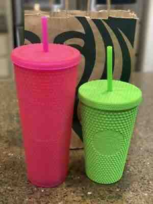 Starbucks 2021 Neon Pink Tumbler 24oz & Neon Green 16oz Studded Cold Cup  - Sold on eBay Aug 27, 2021 for $80.00